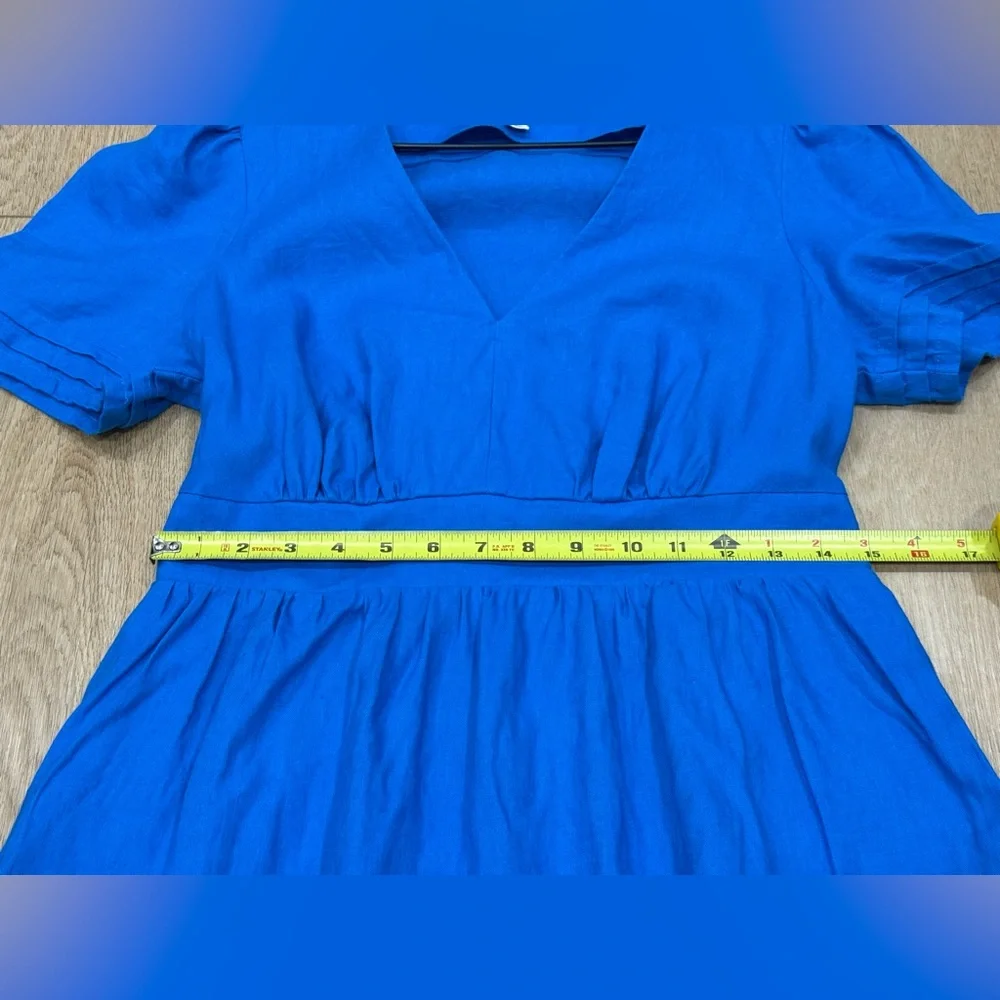 Boden 100% Linen Blue V-Neck Puff Sleeve Dress US 8R - Picture 10 of 11